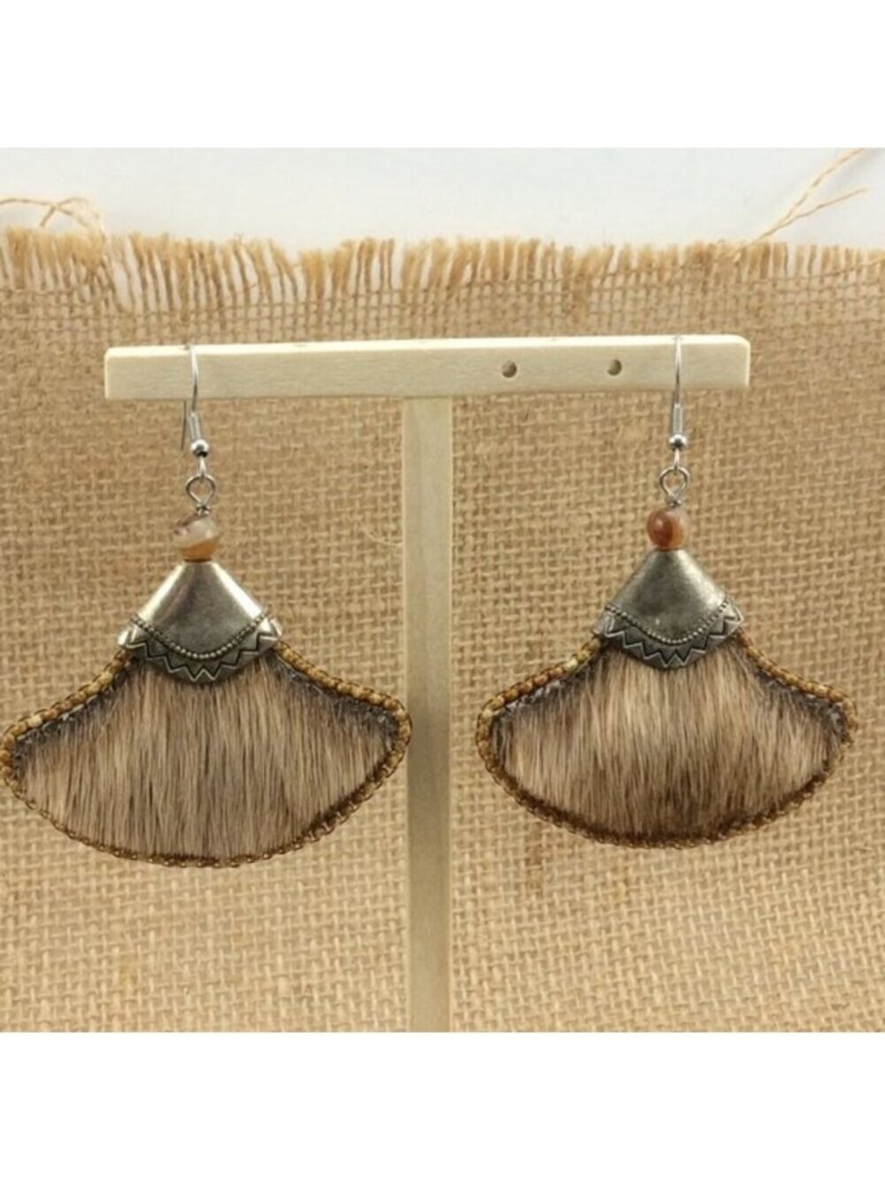 Metal Beaded Handmade Boho Dangle Earrings Festival Style Faux Real Leather Fur